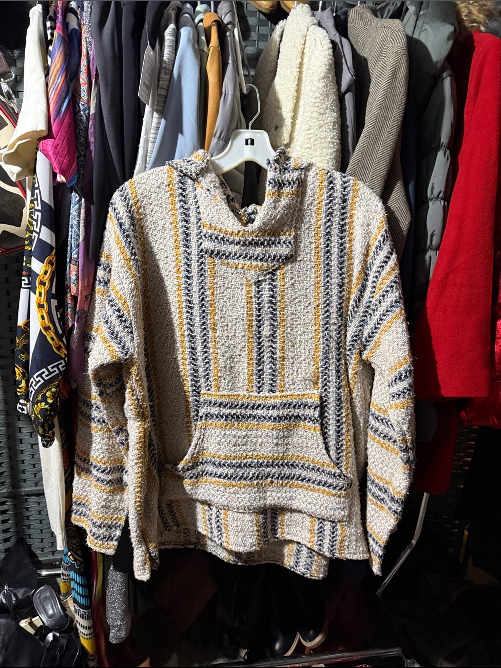 Striped Hooded Crew Sweater in Cream, Mustard & Navy